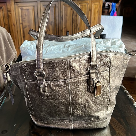Coach Platinum purse. 3 pockets inside, 1 is zippered. 2 stains on the inside - Picture 2 of 6